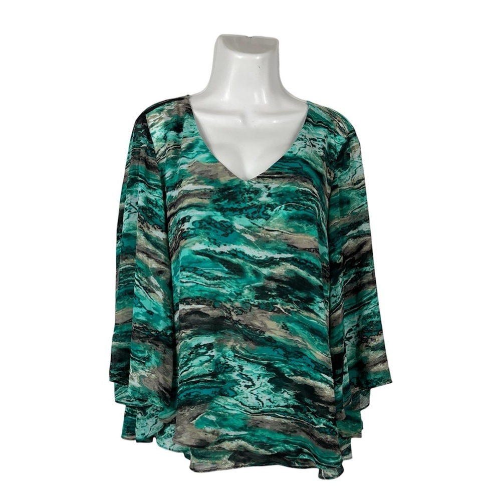 Jennifer Lopez JLO Teal Abstract Marble Blouse Large V-Neck Bell Sleeve Chiffon